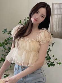 DAZY 纯色荷叶边泡泡袖荷叶边上衣、娃娃装上衣