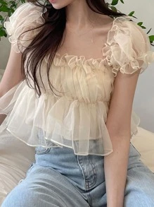 DAZY 纯色荷叶边泡泡袖荷叶边上衣、娃娃装上衣
