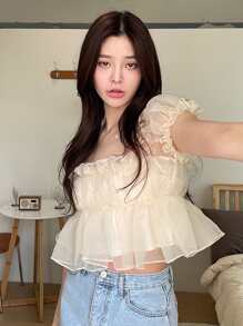 DAZY 纯色荷叶边泡泡袖荷叶边上衣、娃娃装上衣