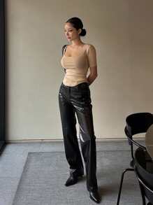 DAZY Solid Scoop Neck Ribbed Knit Tee Sexy Top,Crop Tops Women - Khaki - View 4