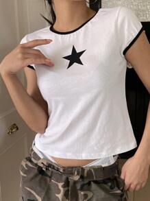 DAZY Star Pattern Contrast Binding Crop Tee Y2k - White - View 2