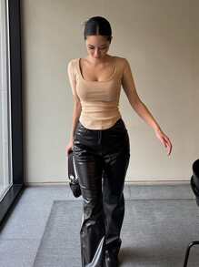 DAZY Solid Scoop Neck Ribbed Knit Tee Sexy Top,Crop Tops Women - Khaki - View 6