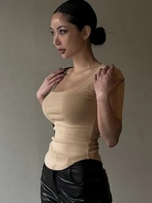 DAZY Solid Scoop Neck Ribbed Knit Tee Sexy Top,Crop Tops Women - Khaki - View 7