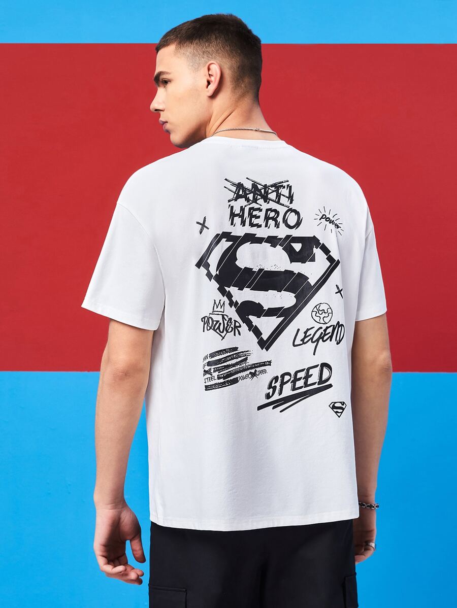 SUPERMAN X SHEIN Hombres Camiseta de hombros caídos con estampado de letra - Blanco - Ver 1