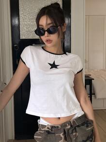 DAZY Star Pattern Contrast Binding Crop Tee Y2k - White - View 3