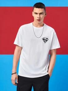 SUPERMAN X SHEIN Hombres Camiseta de hombros caídos con estampado de letra - Blanco - Ver 2