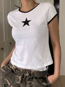 DAZY Star Pattern Contrast Binding Crop Tee Y2k - White - View 4