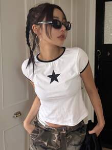 DAZY Star Pattern Contrast Binding Crop Tee Y2k - White - View 5