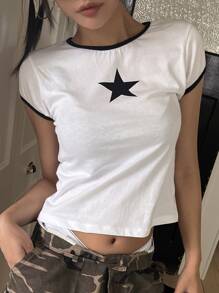 DAZY Star Pattern Contrast Binding Crop Tee Y2k - White - View 6