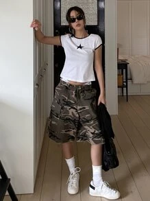 DAZY Star Pattern Contrast Binding Crop Tee Y2k - White - View 7
