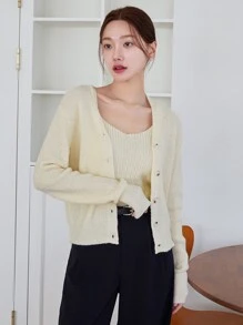 DAZY tejido de canalé de hombros caídos Cárdigan & Top tejido de tirantes - Albaricoque - Ver 7