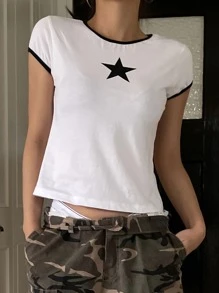 DAZY Star Pattern Contrast Binding Crop Tee Y2k - White - View 8
