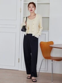 DAZY tejido de canalé de hombros caídos Cárdigan & Top tejido de tirantes - Albaricoque - Ver 3