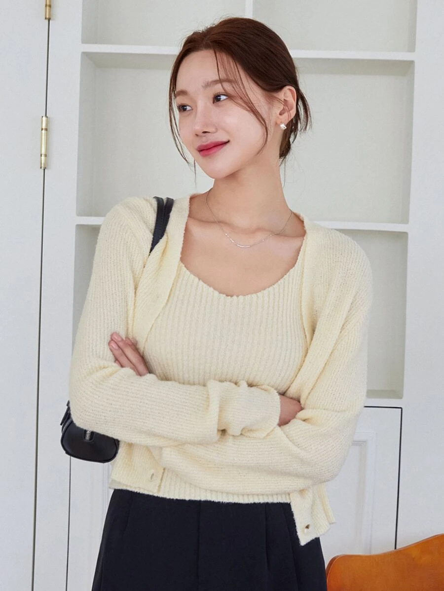 DAZY tejido de canalé de hombros caídos Cárdigan & Top tejido de tirantes - Albaricoque - Ver 1