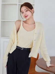 DAZY tejido de canalé de hombros caídos Cárdigan & Top tejido de tirantes - Albaricoque - Ver 4