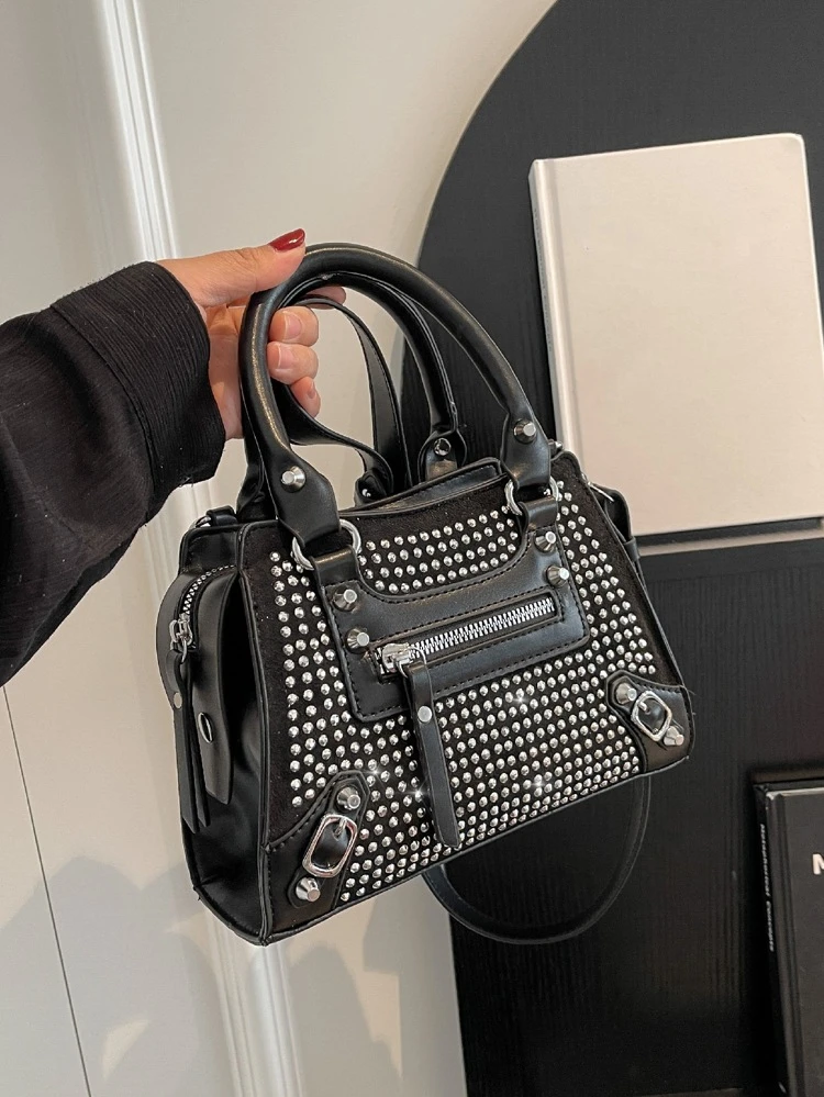 1pc Fashionable Punk Y2K Style Rhinestone Large Capacity Handbag, Suitable For Daily Commute, Party Attendance, Festival Celebration, Casual Women Bag, Holiday Gift, Can Be Worn As Shoulder Or Crossbody , Punk