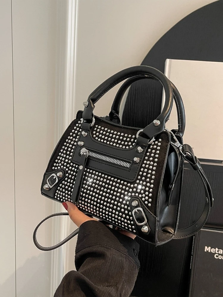 1pc Fashionable Punk Y2K Style Rhinestone Large Capacity Handbag, Suitable For Daily Commute, Party Attendance, Festival Celebration, Casual Women Bag, Holiday Gift, Can Be Worn As Shoulder Or Crossbody , Punk