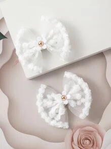2 piezas Pinzas para el cabello con lazo de encaje, pasadores de cabello con flores blancas para niñas - Blanco - Ver 1