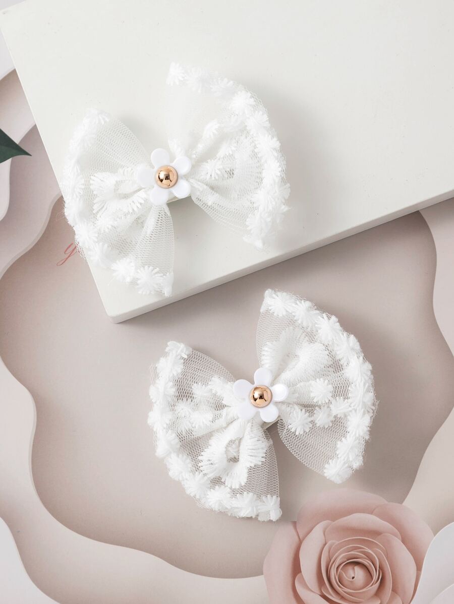 2 piezas Pinzas para el cabello con lazo de encaje, pasadores de cabello con flores blancas para niñas - Blanco - Ver 1
