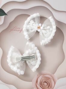 2 piezas Pinzas para el cabello con lazo de encaje, pasadores de cabello con flores blancas para niñas - Blanco - Ver 3