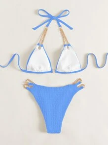 Costavie 2026 春夏两件套女士蓝色链条吊带露背性感甜美新款海滩度假比基尼泳装 - 藍色 - 查看 3