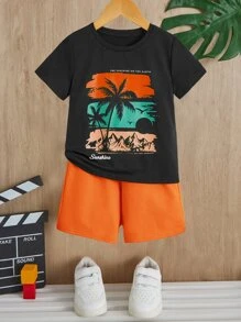 SHEIN Leap Crew 少年熱帶印花t卹及短褲 - 橘色 - 查看 1