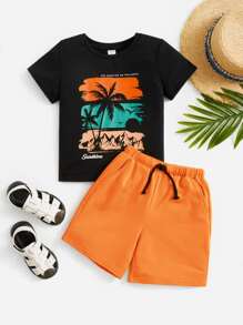 SHEIN Leap Crew 少年熱帶印花t卹及短褲 - 橘色 - 查看 3