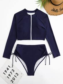 Plus Size Zip Front High Waisted Rashguard With Long Sleeve Summer Beach - Navy Blue - View 1