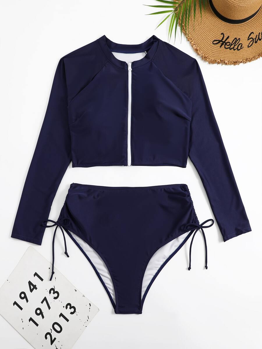 Plus Size Zip Front High Waisted Rashguard With Long Sleeve Summer Beach - Navy Blue - View 1