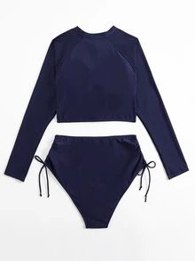Plus Size Zip Front High Waisted Rashguard With Long Sleeve Summer Beach - Navy Blue - View 2