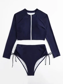 Plus Size Zip Front High Waisted Rashguard With Long Sleeve Summer Beach - Navy Blue - View 3