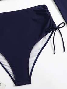 Plus Size Zip Front High Waisted Rashguard With Long Sleeve Summer Beach - Navy Blue - View 4