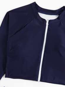 Plus Size Zip Front High Waisted Rashguard With Long Sleeve Summer Beach - Navy Blue - View 5