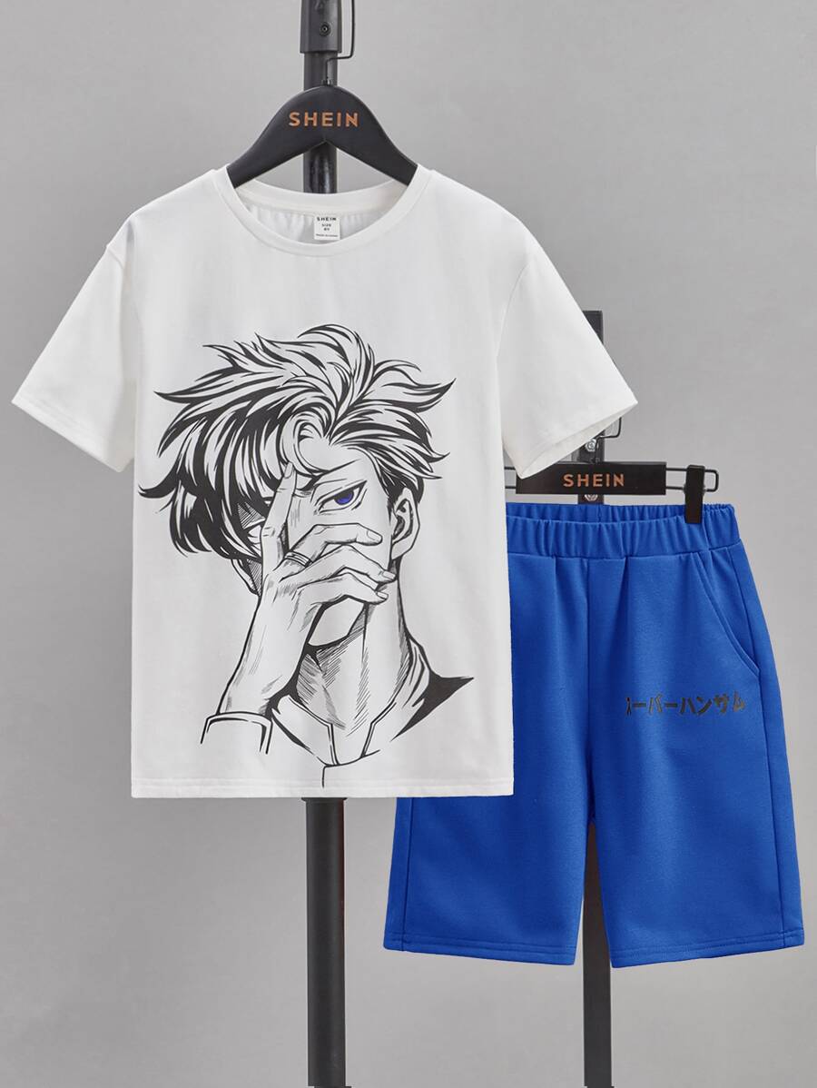 SHEIN Bộ hai mảnh Trai Túi Lá thư Con số Giải trí - Màu xanh lam - Xem 1