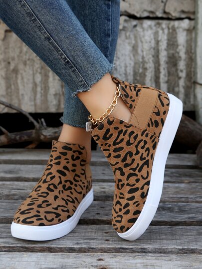 Sporty Wedge Sneakers For Women, Faux Suede Leopard Pattern Slip-on Sneakers