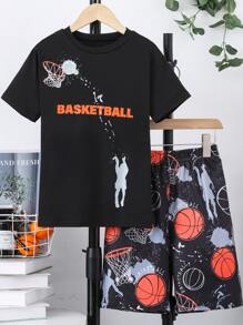 SHEIN Tween Boy Letter & Figure Print Tee & Shorts - Black - View 1