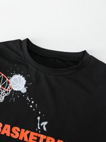 SHEIN Tween Boy Letter & Figure Print Tee & Shorts - Black - View 3