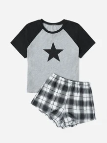 ROMWE Grunge Punk Star Print Raglan Sleeve Tee & Plaid Shorts PJ Set, School - Multicolor - View 1