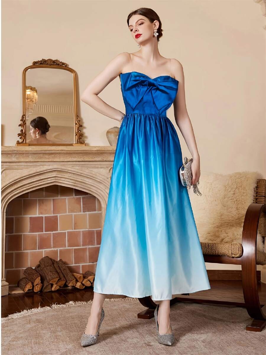 Ombre Bow Front Tube Dress - Blue - View 1