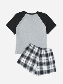 ROMWE Grunge Punk Star Print Raglan Sleeve Tee & Plaid Shorts PJ Set, School - Multicolor - View 2