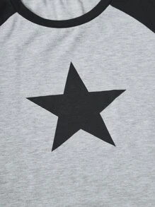 ROMWE Grunge Punk Star Print Raglan Sleeve Tee & Plaid Shorts PJ Set, School - Multicolor - View 3