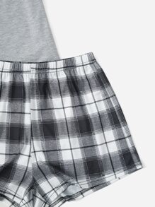 ROMWE Grunge Punk Star Print Raglan Sleeve Tee & Plaid Shorts PJ Set, School - Multicolor - View 4