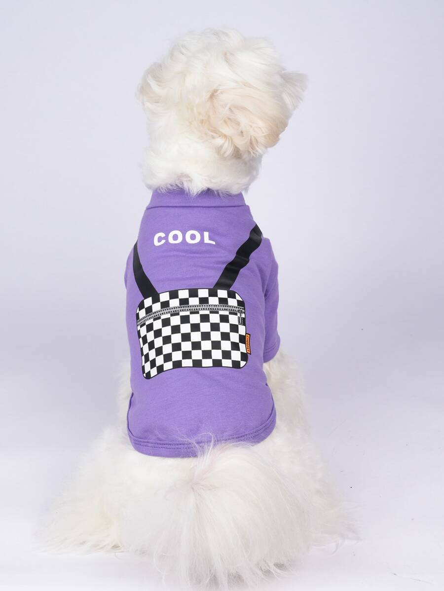 1 pieza Camiseta de mascota de cuadros & con estampado de letra - Morado - Ver 1