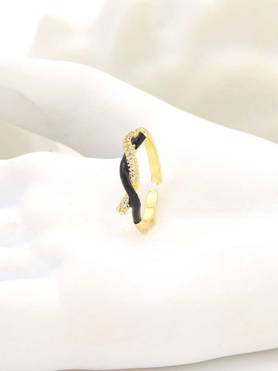 Cubic Zirconia Decor Cuff Ring - Black - View 1