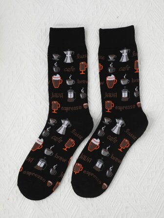 Calcetines de tripulación con estampado de café para hombres, calcetines de otoño