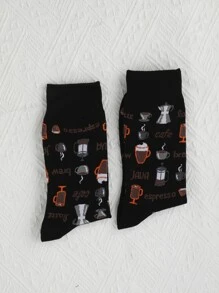 Men Coffee Pattern Crew Socks, Fall Socks - Multicolor - View 4