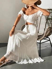 SHEIN Tall Falda unicolor bajo con fruncido - Blanco - Ver 6