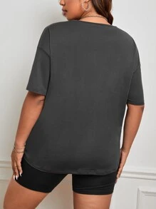 SHEIN EZwear Plus Leopard & Slogan Graphic Drop Shoulder Tee - Dark Grey - View 2