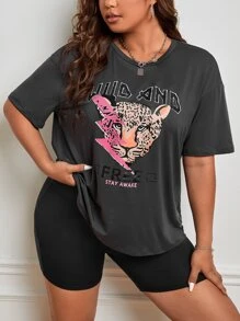 SHEIN EZwear Plus Leopard & Slogan Graphic Drop Shoulder Tee - Dark Grey - View 3