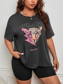 SHEIN EZwear Plus Leopard & Slogan Graphic Drop Shoulder Tee - Dark Grey - View 5